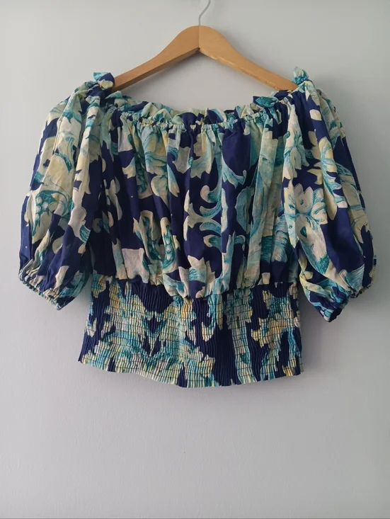 Antica Sartoria Blue Floral Off Shoulder Top OS Smocked Cotton Puff Sleeve - Picture 2 of 7